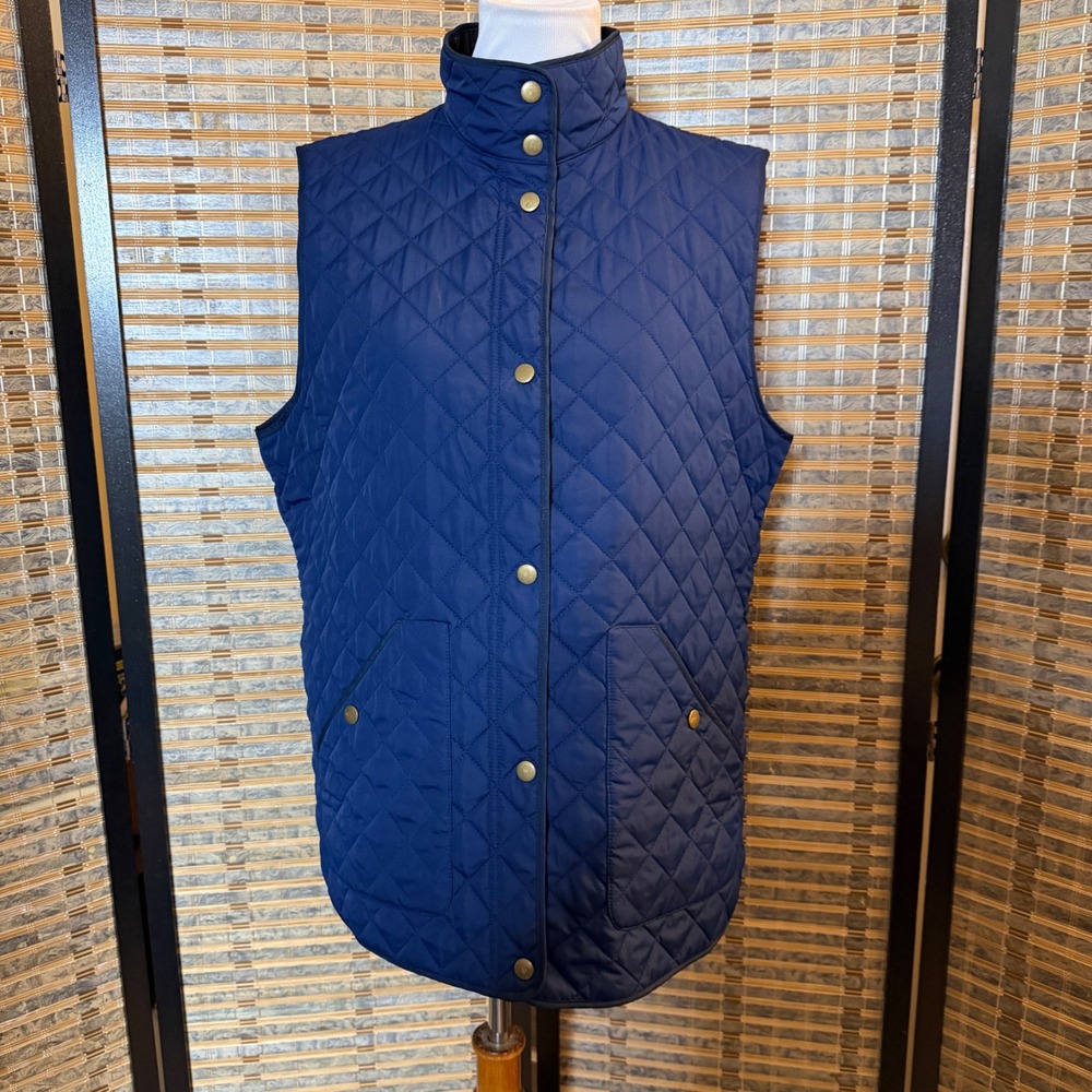 Lands' End Quilted Vest Women Large 14-16 Navy Blue Primaloft Equestrian Classic